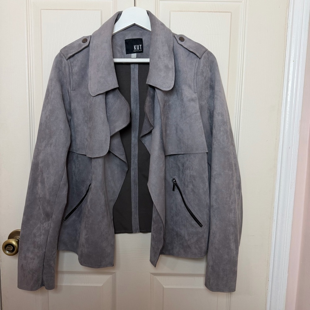 KUT from the Kloth Gray Faux Suede Moto Jacket Draped Front Zip Pockets Size L - Picture 4 of 8